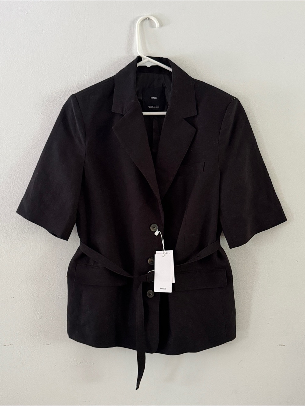 NWT Mango Black Short-Sleeve Belted Blazer Sz M